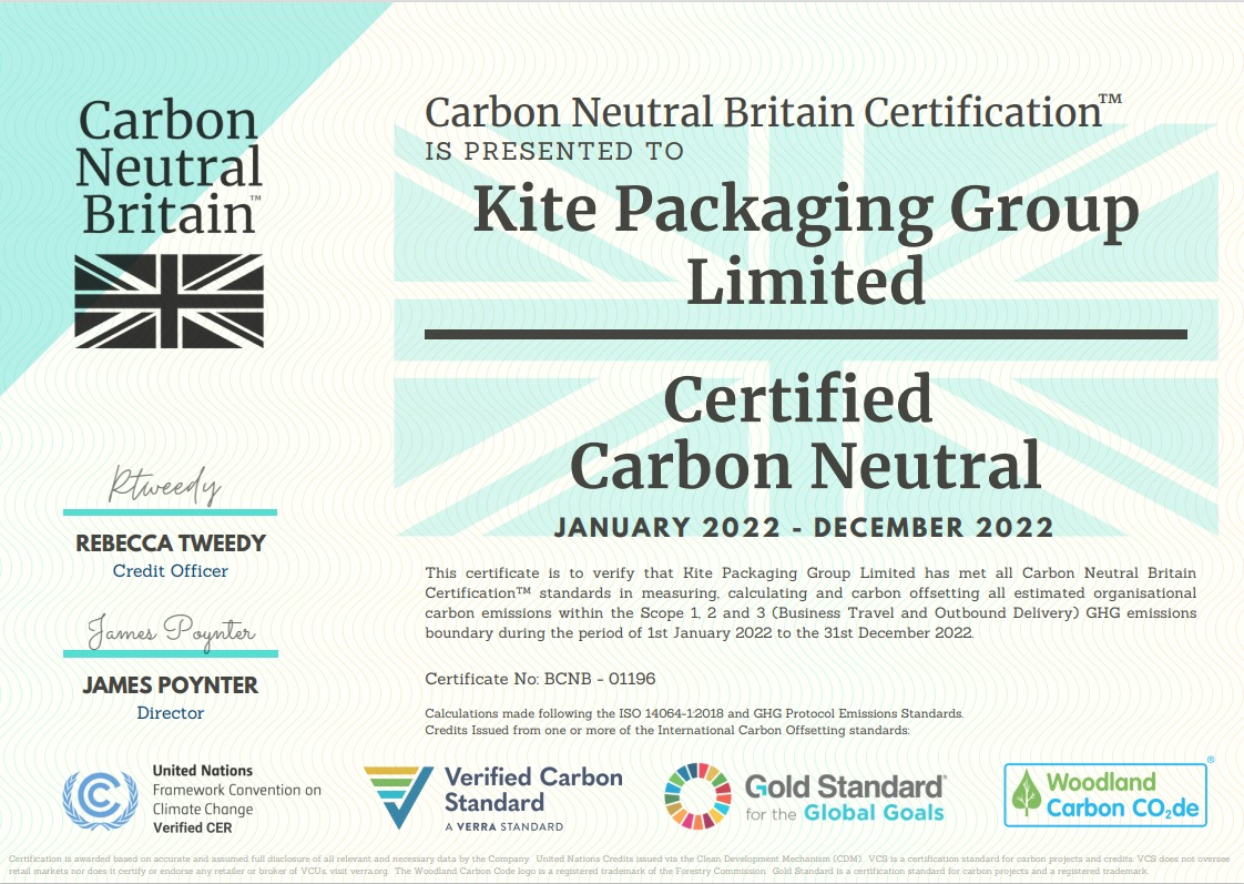 Image of Kite Packaging's carbon neutrality certificate from January 2022 to December 2022